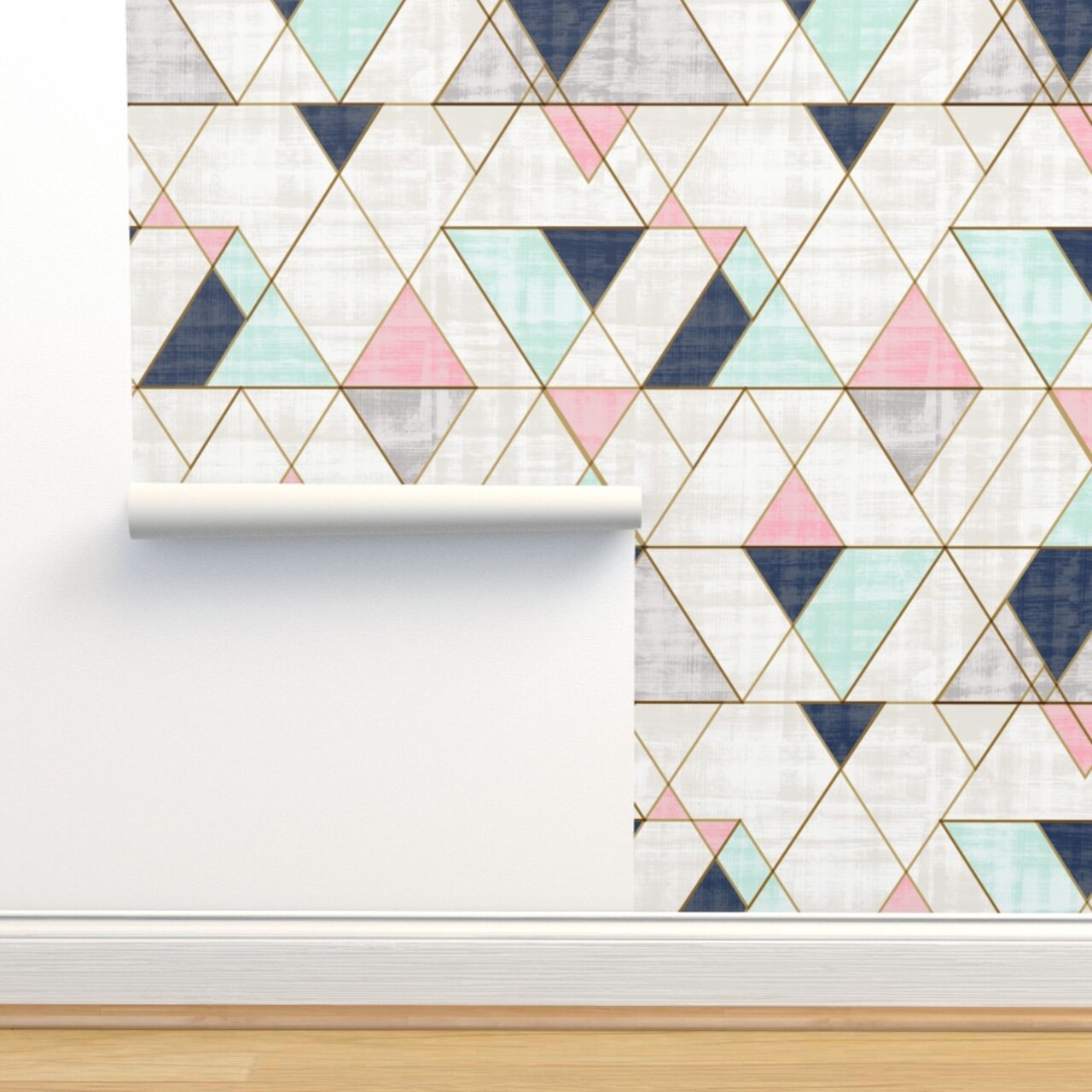 Navy Mint Pink Triangles Geo Geometric Mid Century Custom Removable Wallpaper by Spoonflower Peel & Stick Wallpaper 2FT Wide